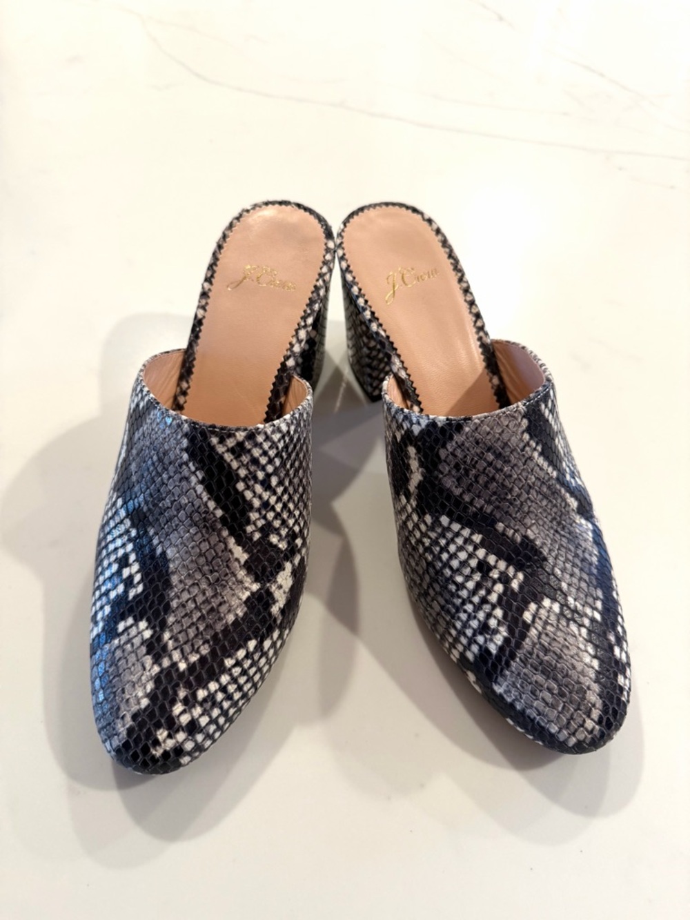 J. Crew•”Sophia” snake leather block heel mules 7 EUC